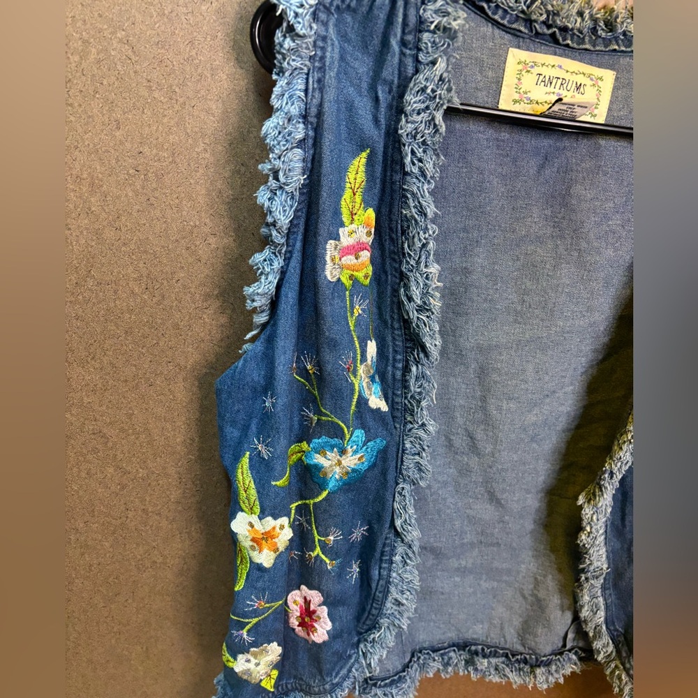 Tantrums Vintage Embroidered Denim Vest Fringe Trim XL - Picture 2 of 5